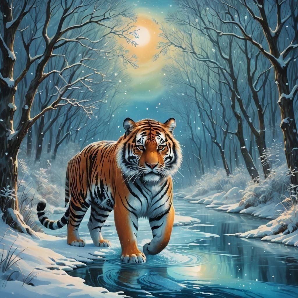 tiger by a river in a snowy forest