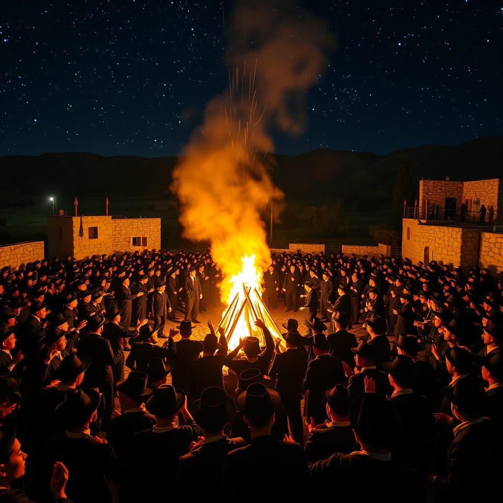Vibrant Nighttime Celebration in Meron, Israel, in a Photore...