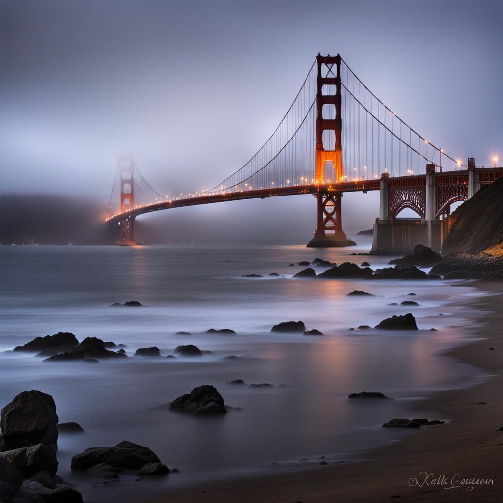the golden gate bridge on a misty evening