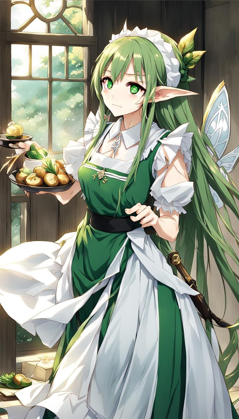 Anime elf with girl green long hair, maid dress, long pointed ears ...