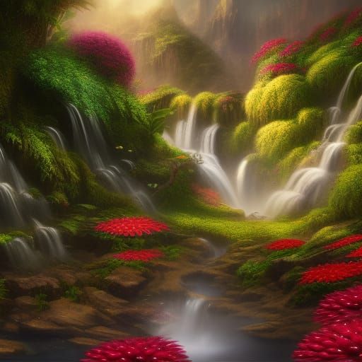 waterfall with dahlia's
