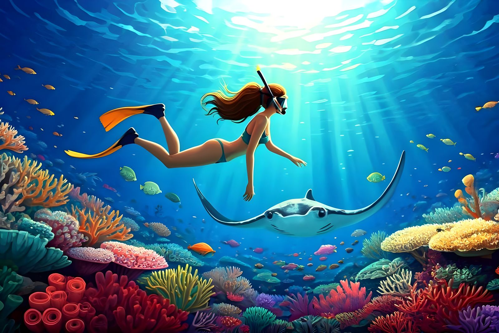 Vibrant Coral Reef with Snorkeler and Manta Ray  by @Gary Murakami