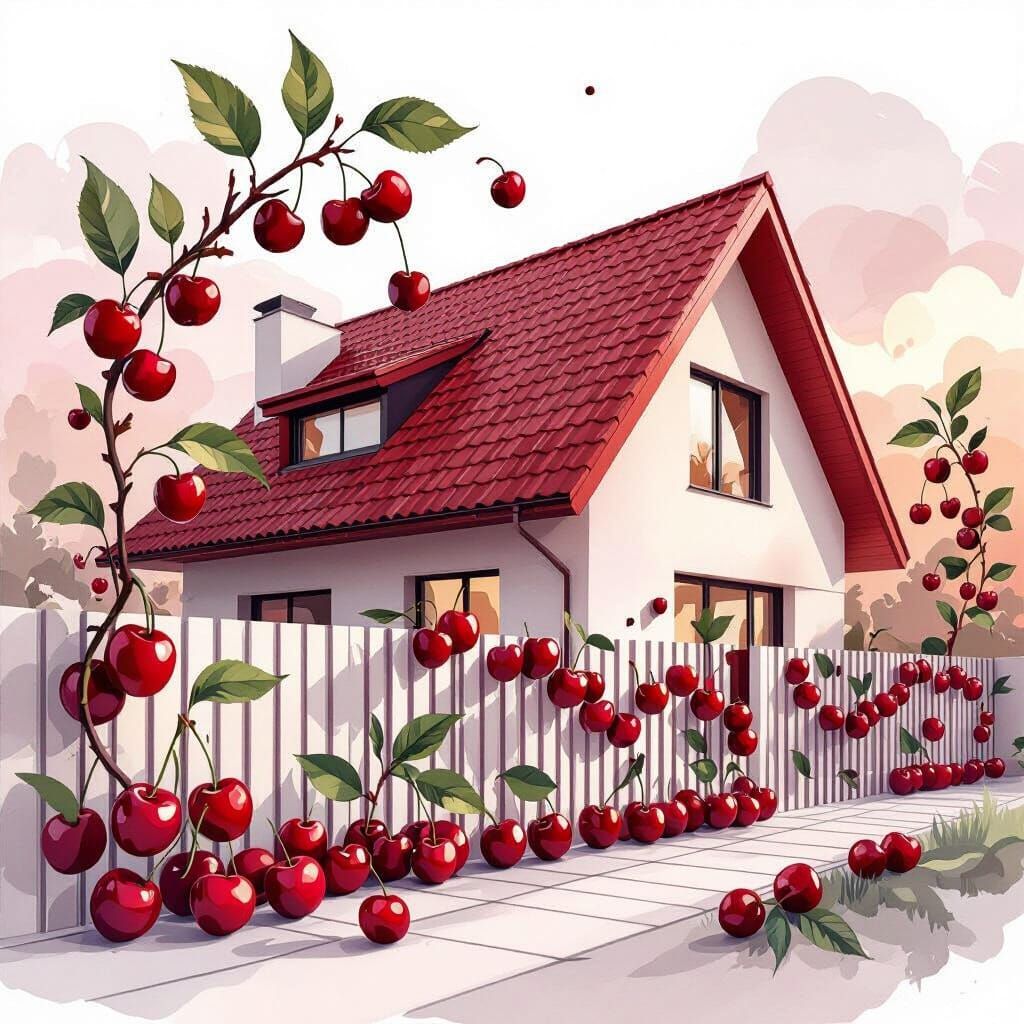 Create an artistic, conceptual illustration where a modern house roof and a metal fence are imagined as elegant structures sculpted from che...