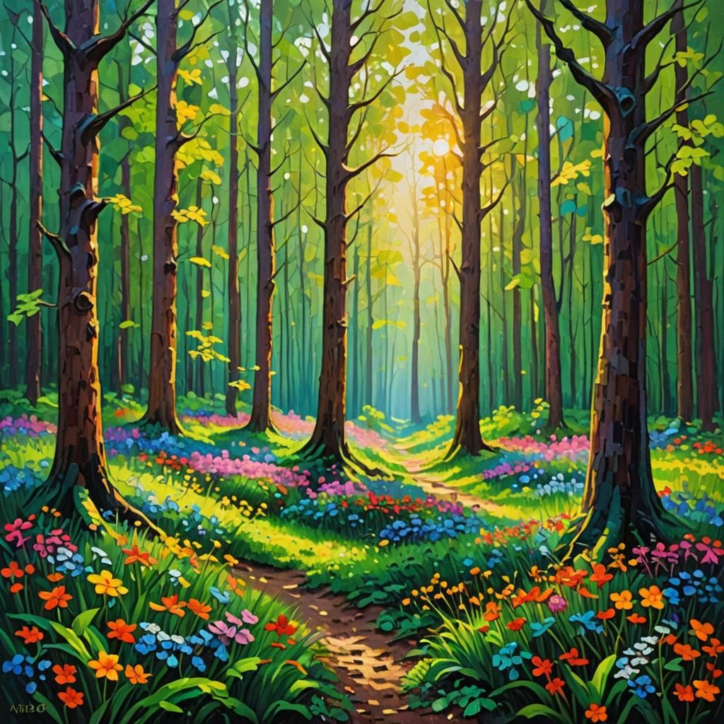 deep forest with small clearing with colorful flowers, sun s...