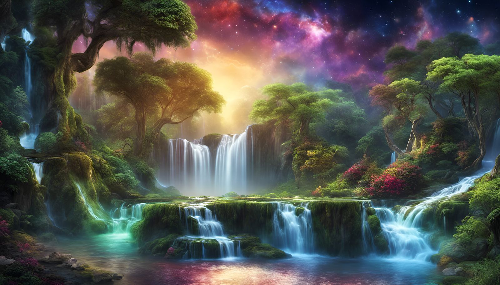 3D fantasy world rich colors waterfalls galaxy stars garden rainforest ...