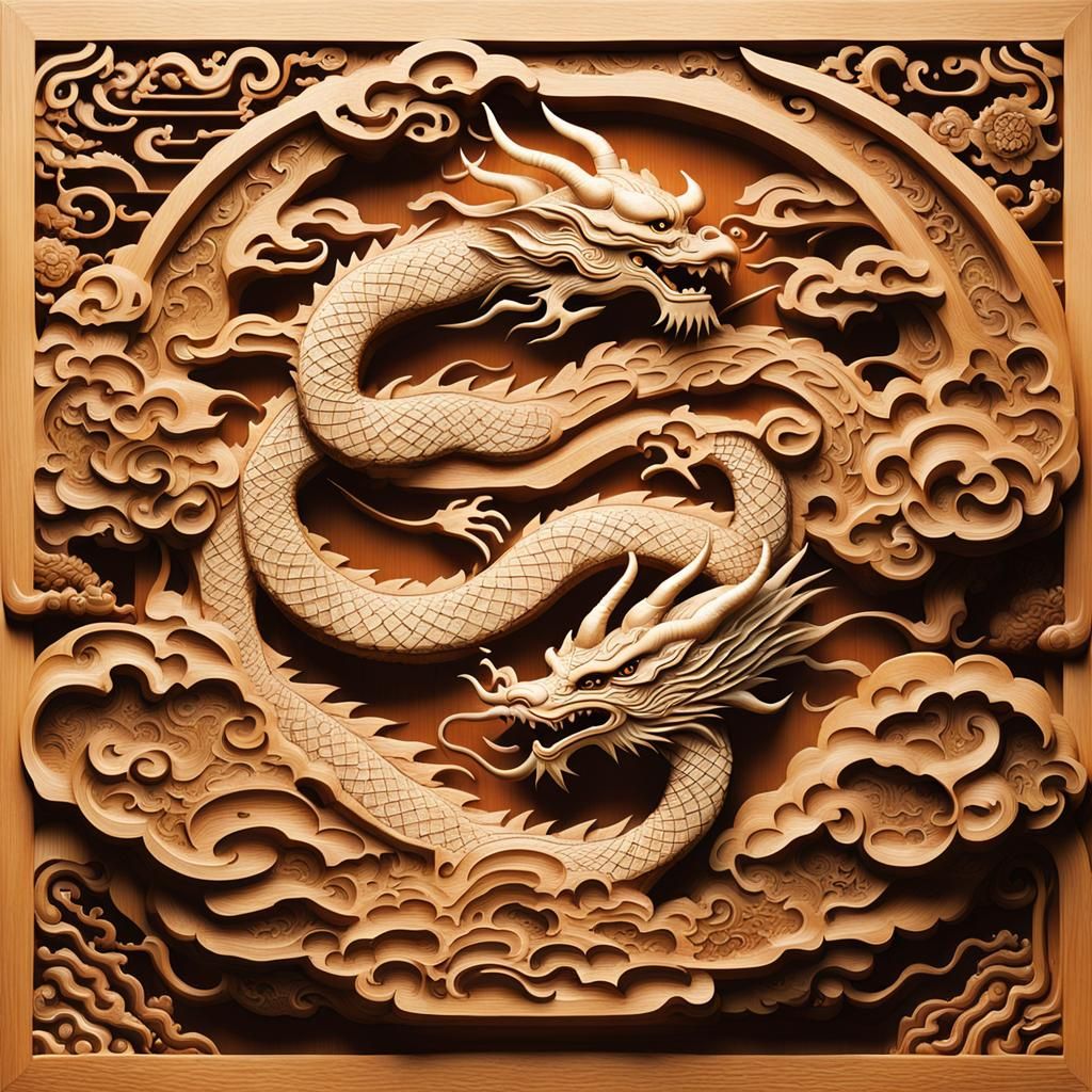 Detailed Wood Carving of Auspicious Dragon Design