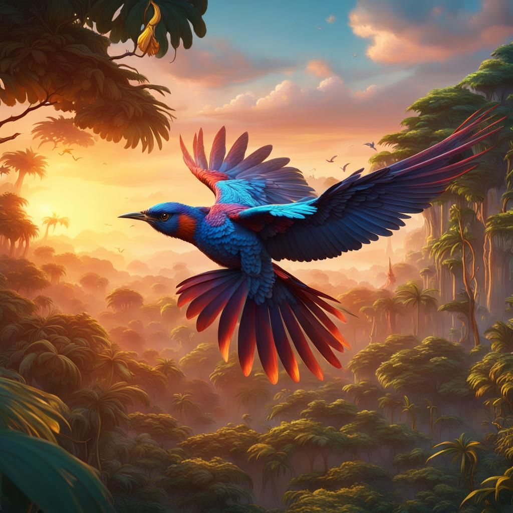 Colorful bird flying over jungle, sunset in background