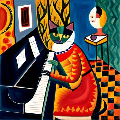 A cat playing the piano.