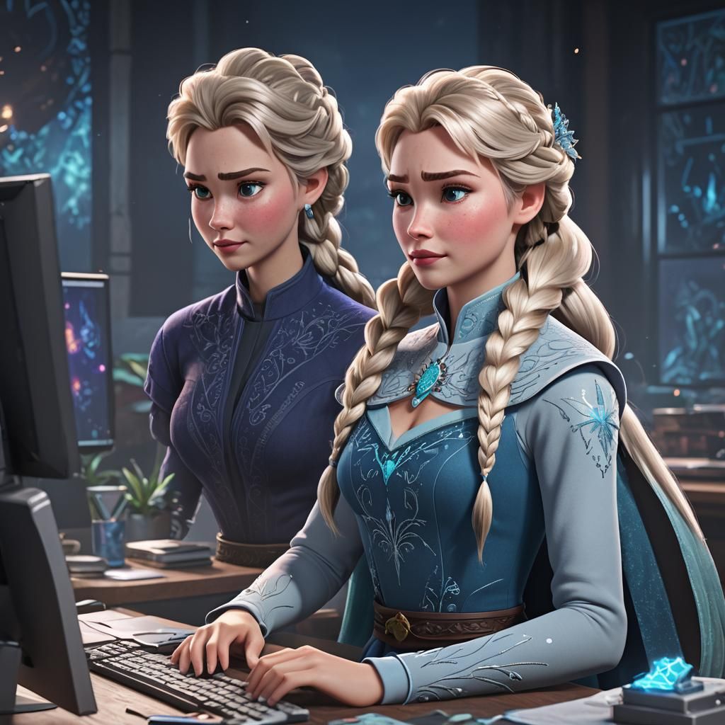 Elsa and her twin working on a computer - AI Generated Artwork ...