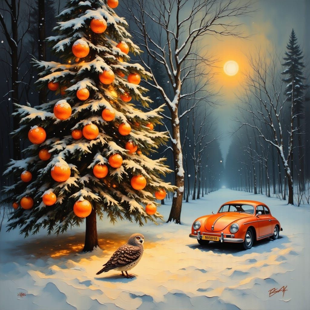 Retro-Futuristic Winter Holiday Dreamscape in Oil Impasto