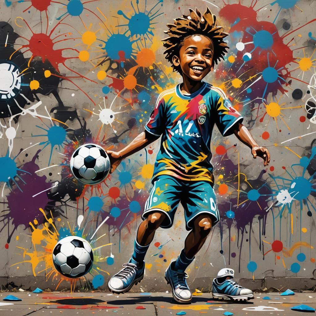 Happy Child with Soccer Ball in Graffiti Art