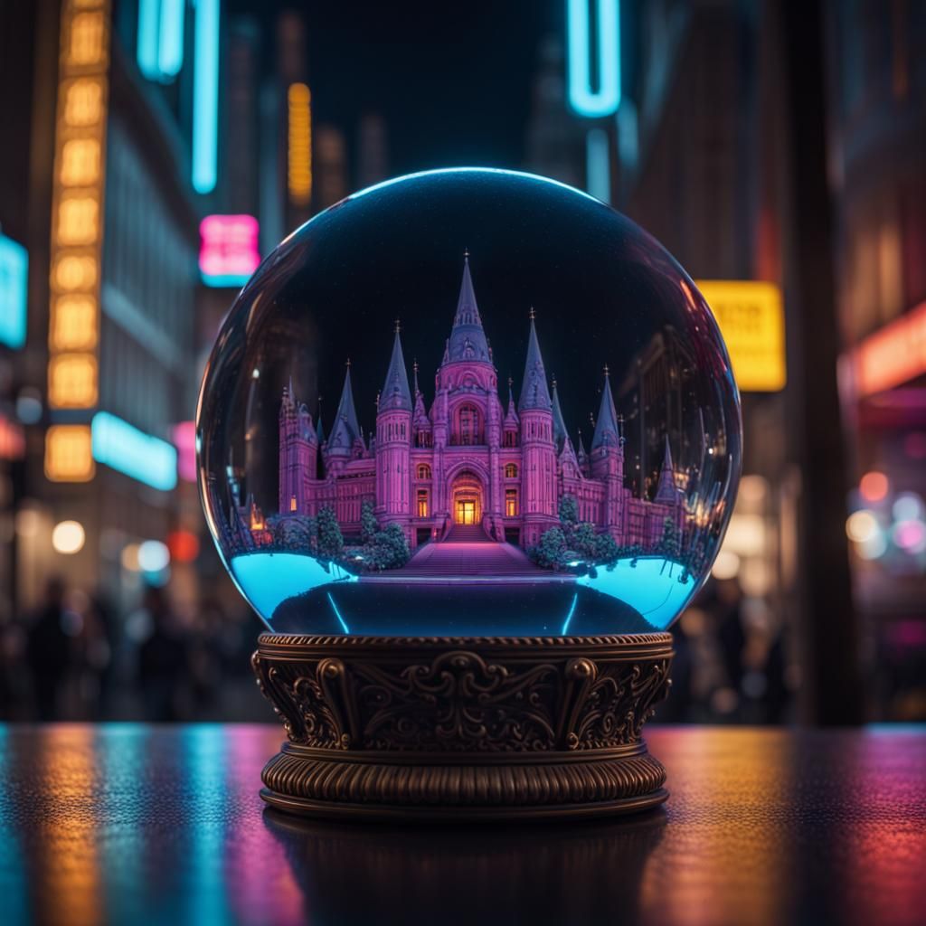 something neon and mystically inside a crystal ball, realistic, perfect