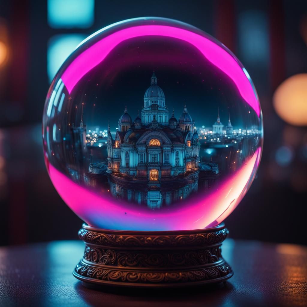 something neon and mystically inside a crystal ball, realistic, perfect