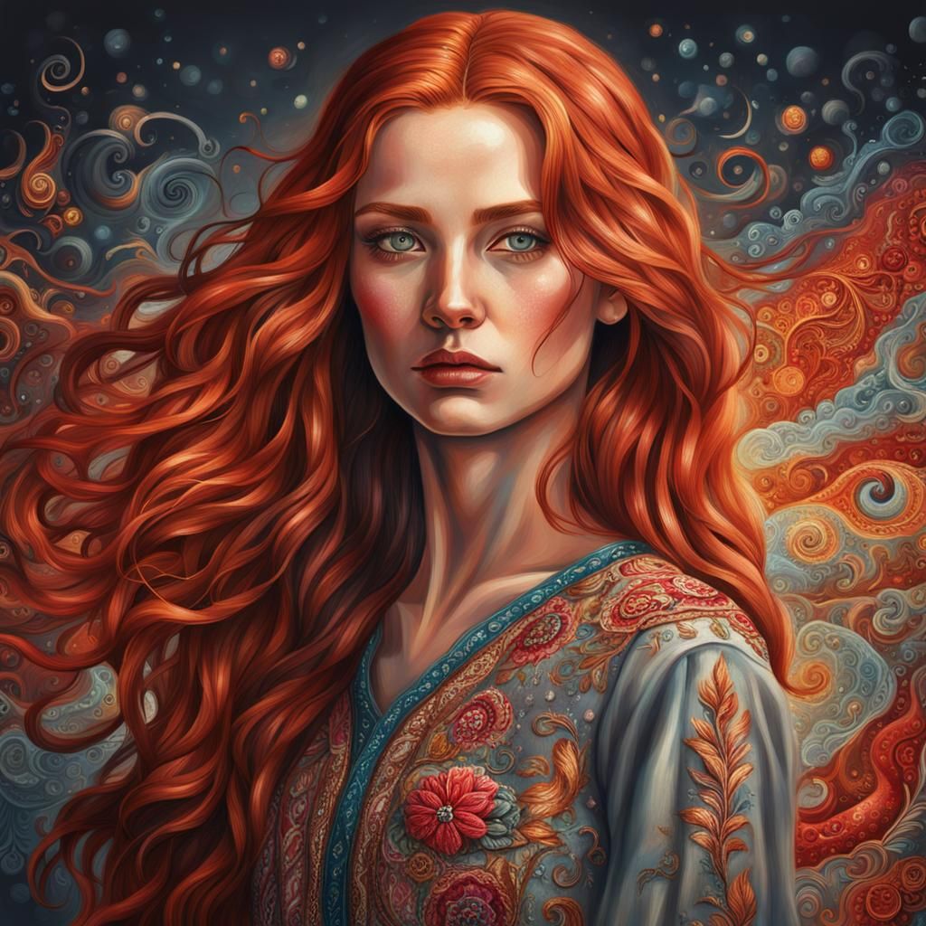 beautiful young woman with gray eyes and long red hair is we...