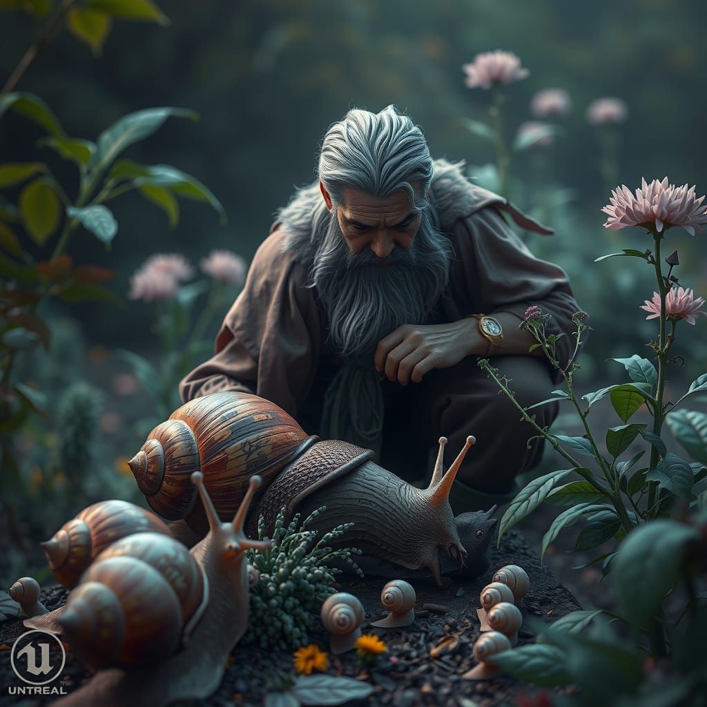 Depict a snail caretaker tending to snails in his garden