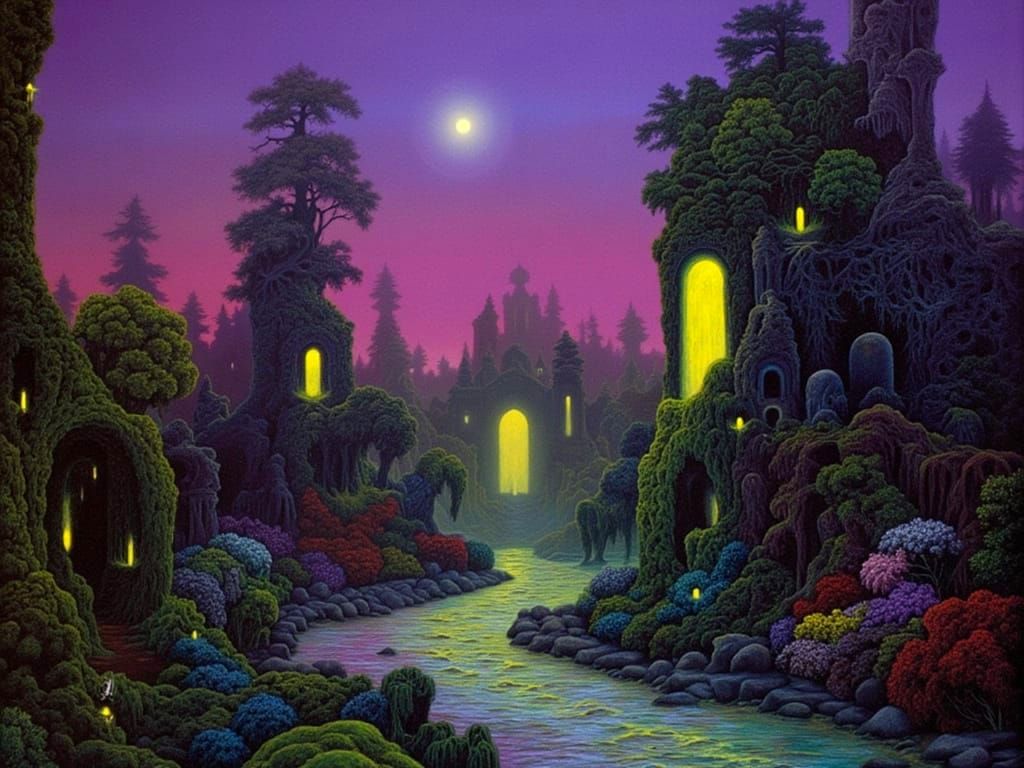 Glowing Twilight Stream in Magical Overgrown City Garden