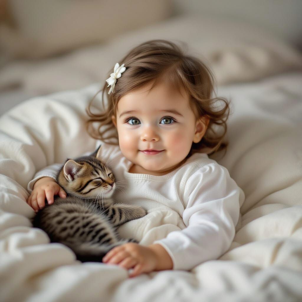 Adorable Toddler Girl with Green Eyes Holds White Kitten