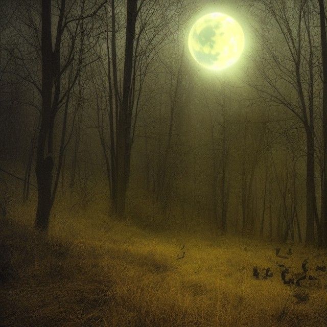dark valley, thickened forest, hidden watchers, full moon, s...