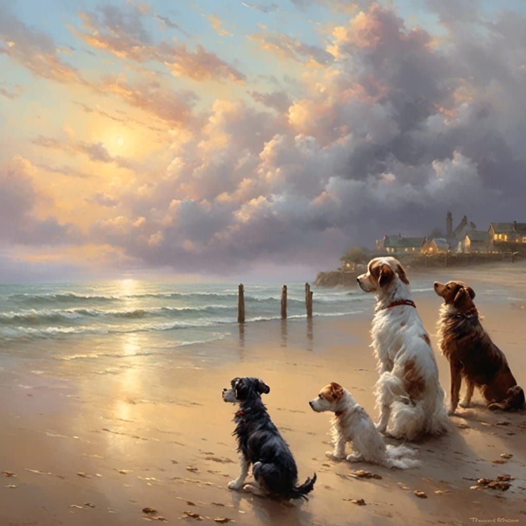 Dogs on the beach watching the clouds <lora:azuren:1.0> ethereal fantasy hyperdetailed mist Thomas Kinkade