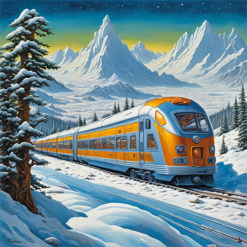 Space age futuristic snow train travel