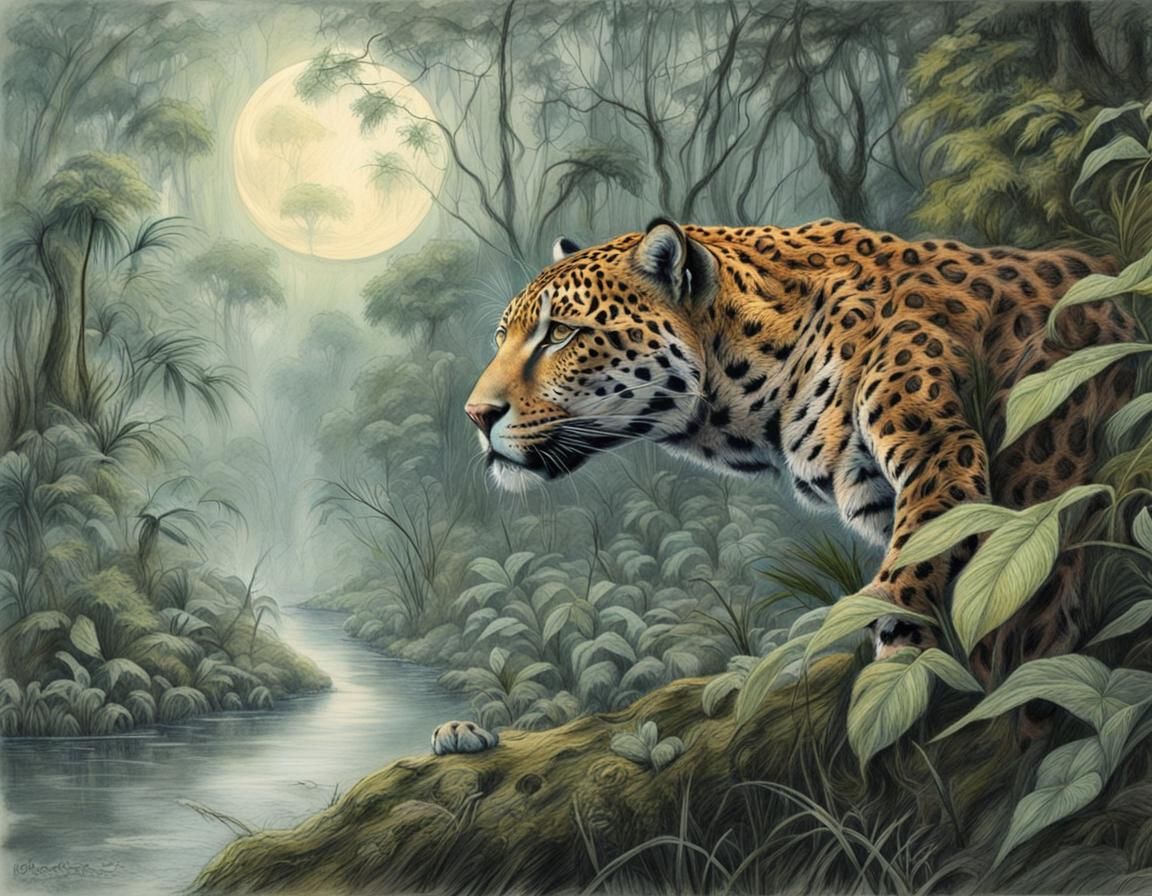 Jaguar hunting by moonlight in the rainforest   by @Radiohead