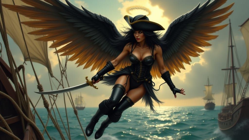 <lora:Pirate Angels:1.0>Black haired and winged female pirate angel wearing  dark leather armour and a pirate hat swinging from a rope hold...