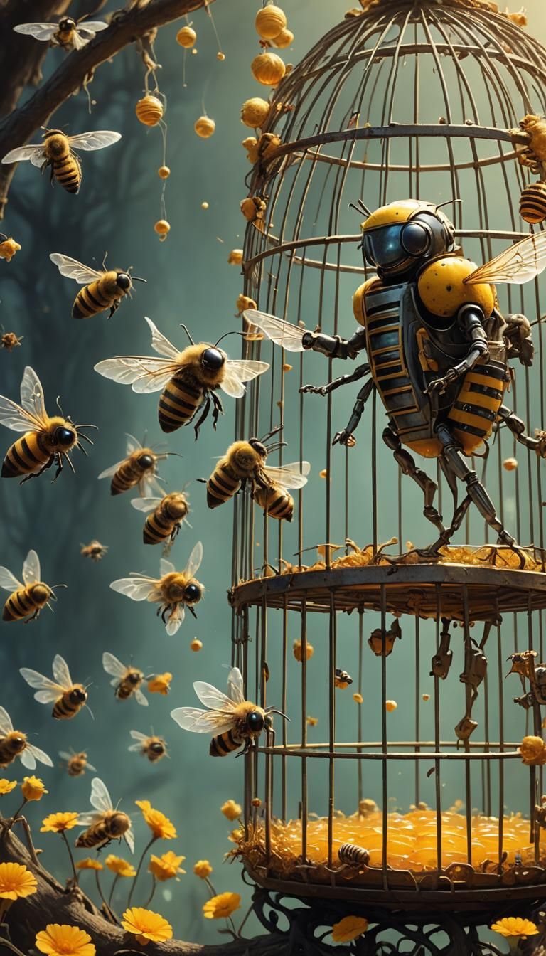 bird cage,spilled honey,bee,Sci-fi robot in the style of Jea...