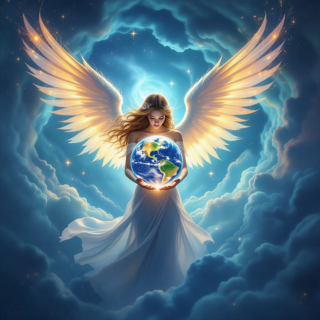 Highly Creative. A celestial being with wings made of stardust gently cradling a miniature, glowing planet Earth, shielding it from a swirli...