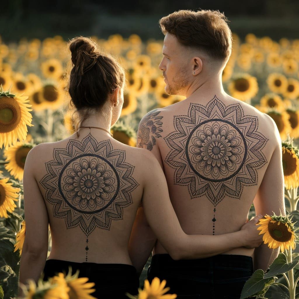 Couple Embracing Unity and Harmony in a Golden Sunflower Fie...