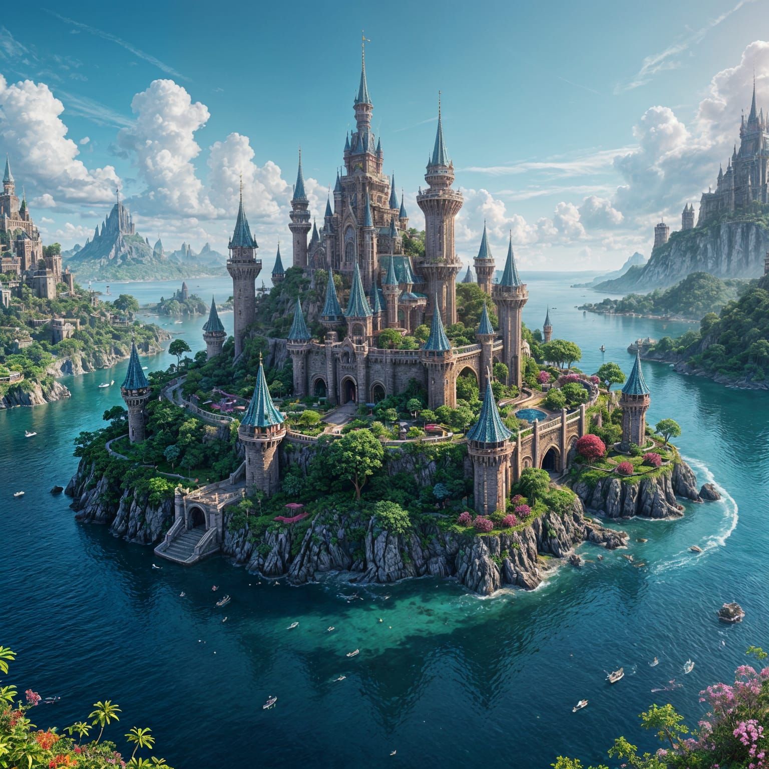 Fantasy Palace on Island in Vibrant Sea