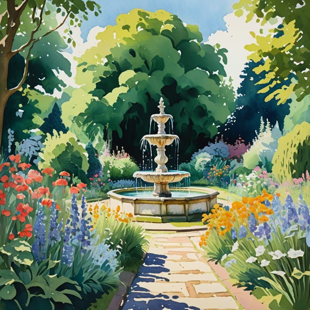 Secret English country garden with a water fountain in Gouache Style, Watercolor, Museum Epic Impressionist ...  by @Dorian