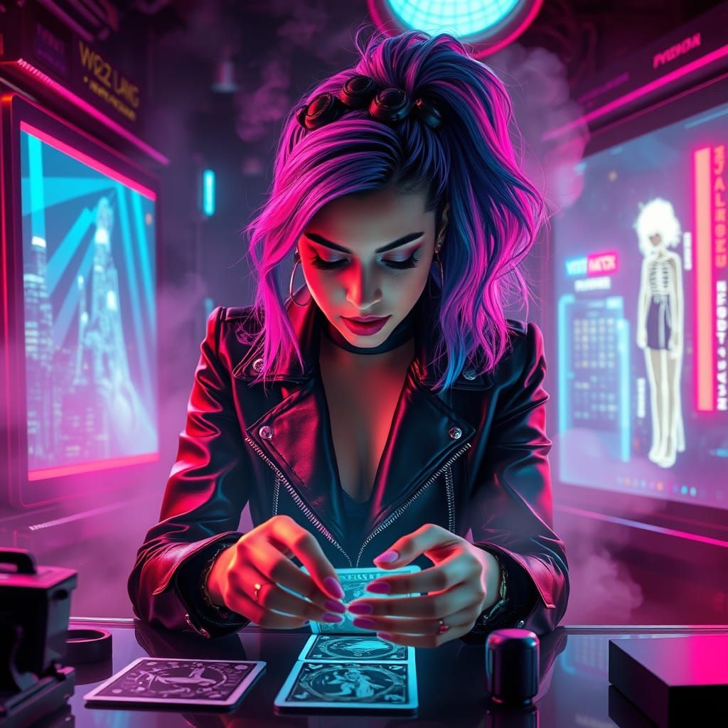 Latina Woman in Cyberpunk Tarot Reading