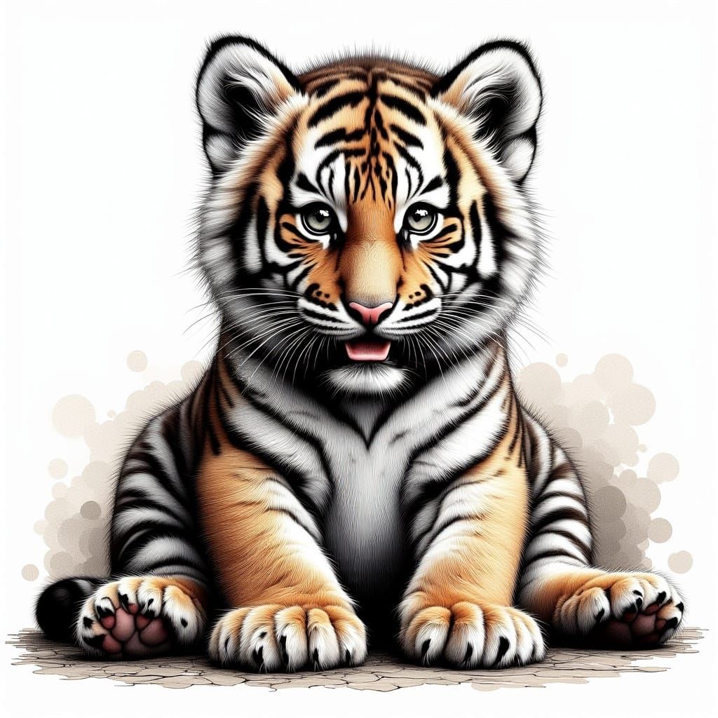 <lora:HRH-moody-inks:1.0>  hyper detailed, ink and watercolour, a moody, beautiful fluffy tiger cub, high definition, 4k, outline in ink