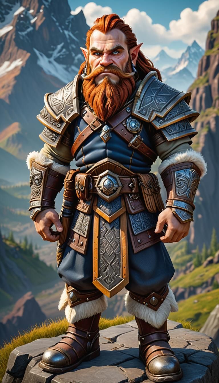 young warcraft dwarf with auburn hair, mutton chops beardstyle, friendly, wearing intricately detailed and finely crafted heavy armor, black...