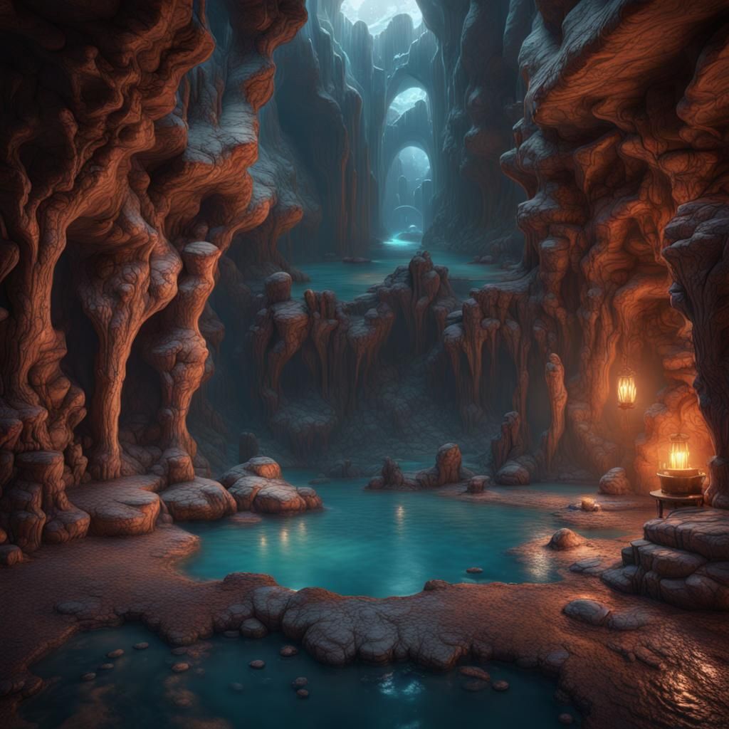 Bubbling pool in a cavern detailed matte painting, deep color ...