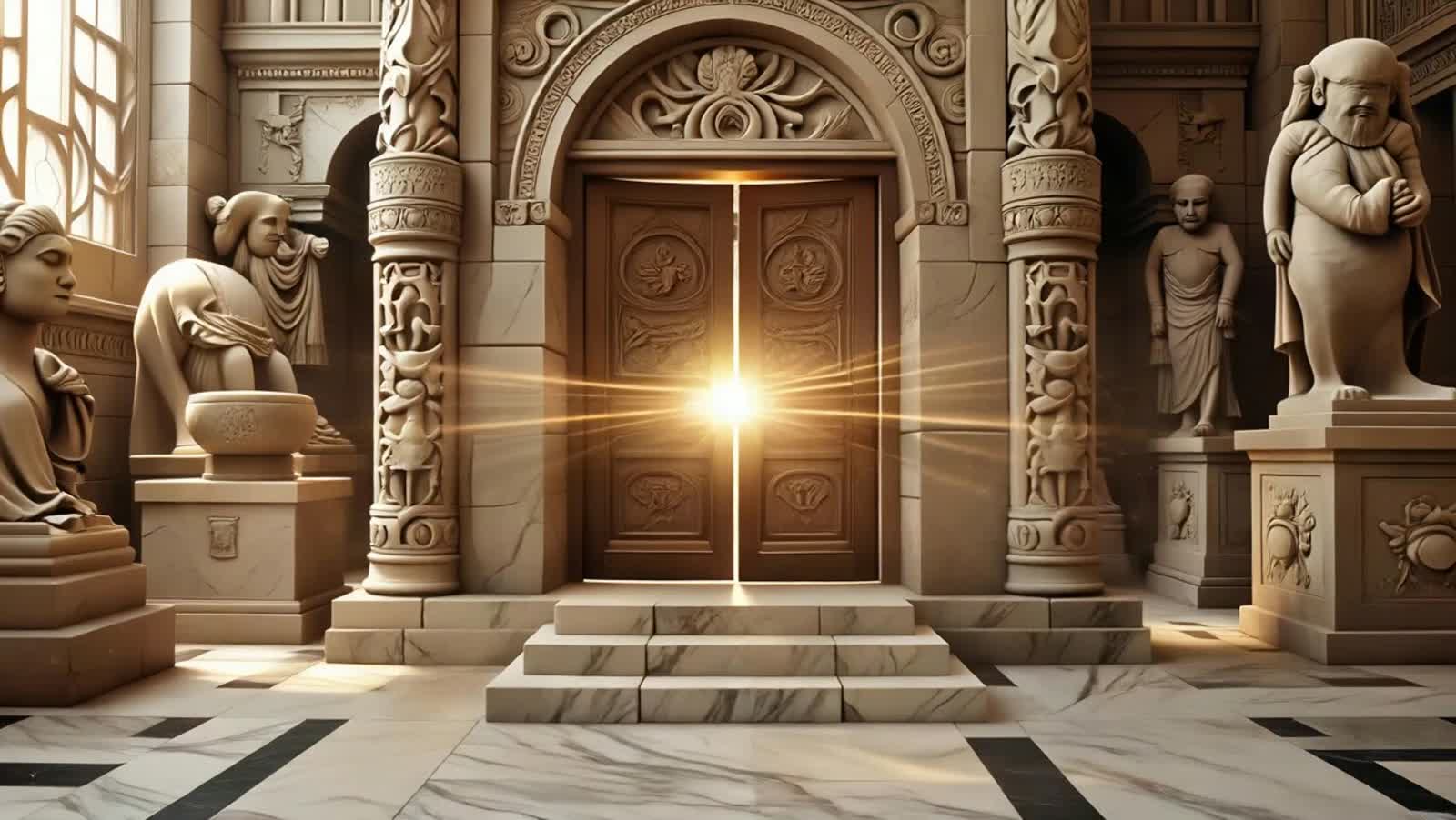 A grand ancient hall of sculptures and artifacts. A glowing doorway opens, sending dust and particles swirling in a spir...
