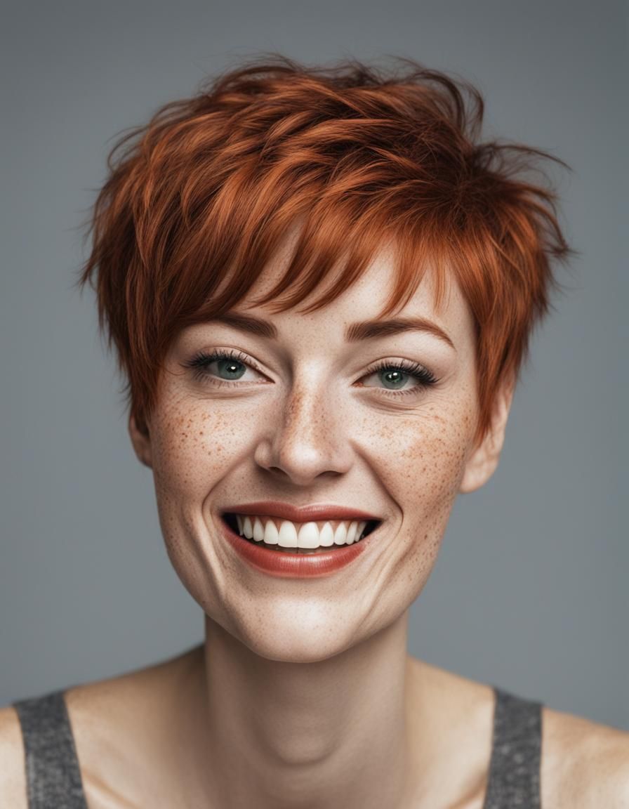 Young woman, short red hair, pixie with bangs haircut,