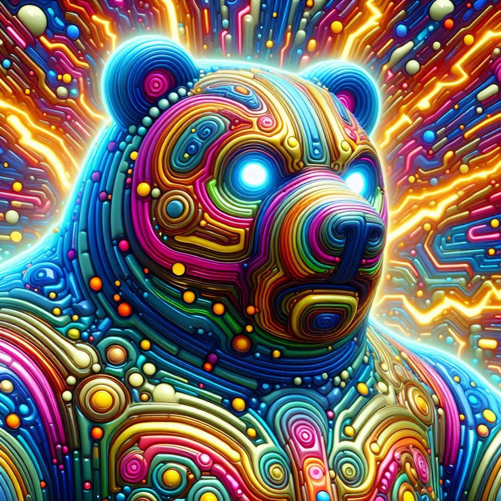 Psychedelic colored, Moving Rolling Patterned Optical-Projecting Obese Bear Lightning Wizard; illusion maximalism; TRON ...