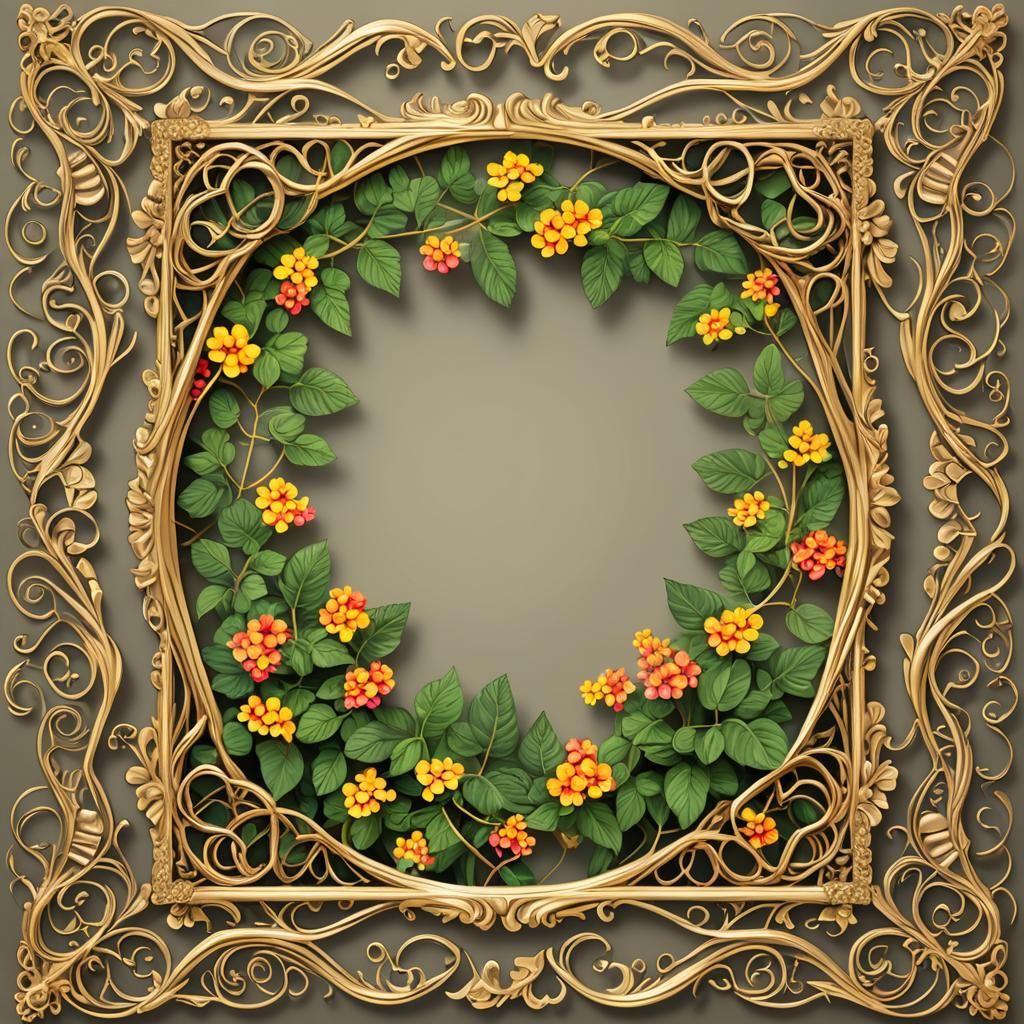 growing lantana vine entwined around gold gilt picture frame...