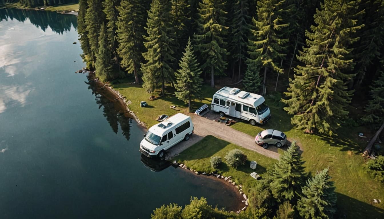 camper van parked beside a serene lake.