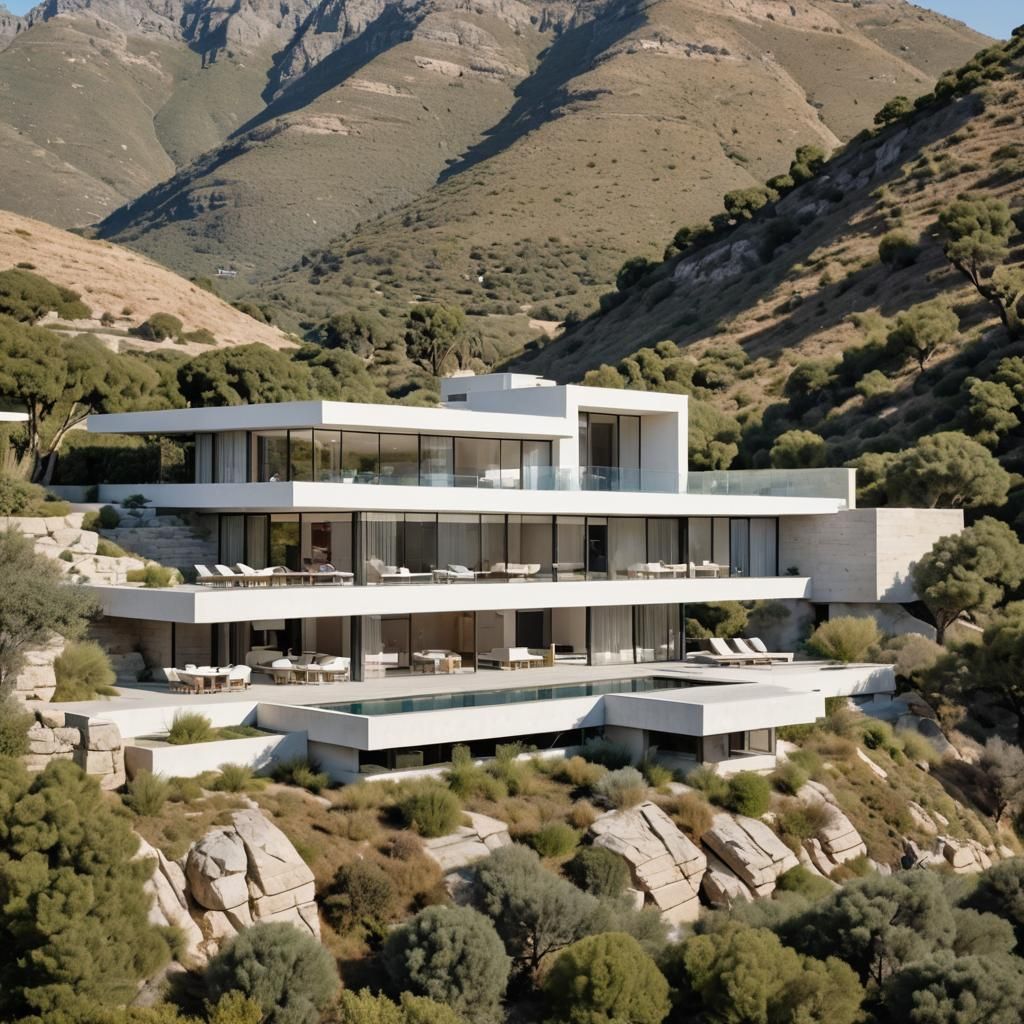 a big low white one-storey villa with a flat roof in the sty...