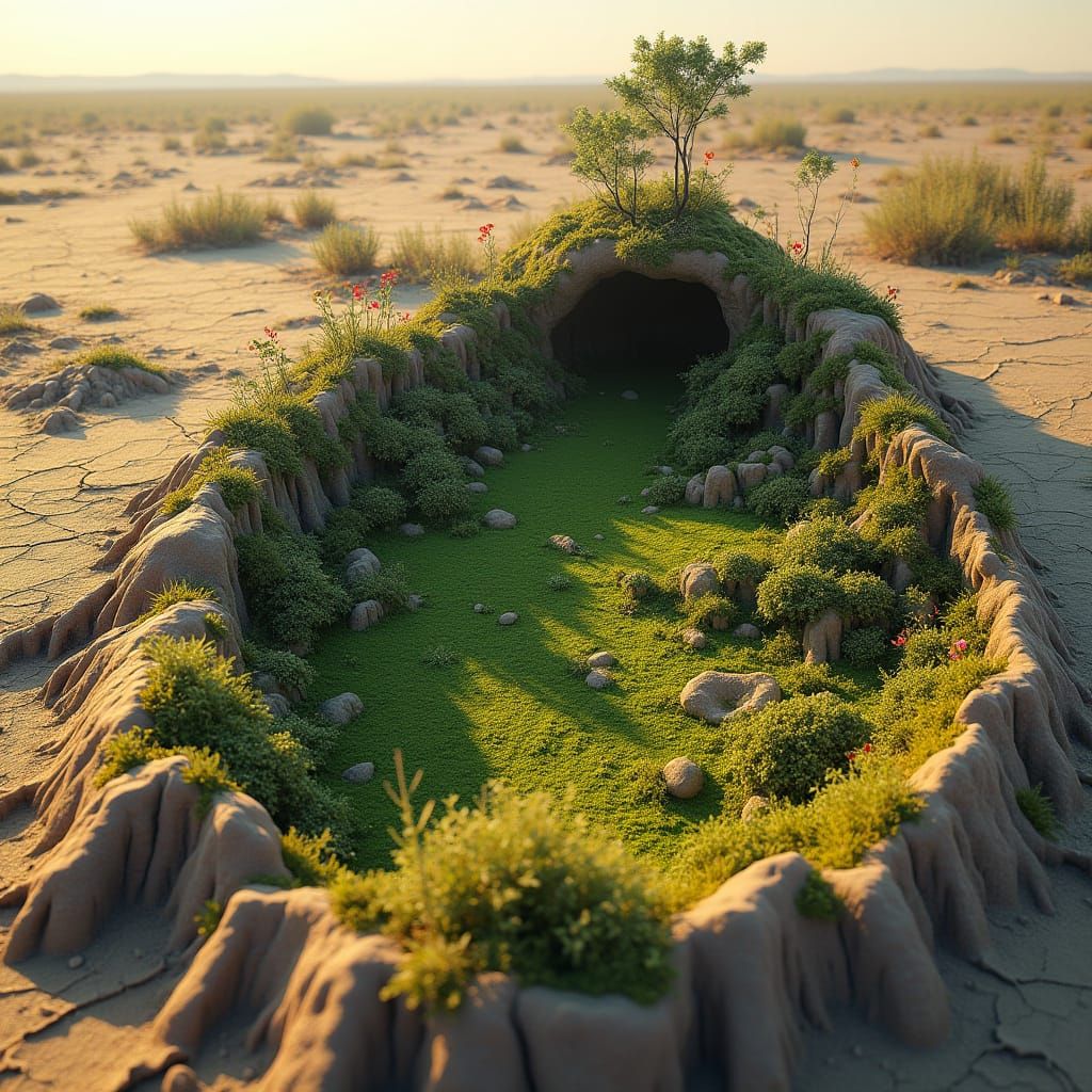 Compelling image of a microenvironment, found inside a round mammoth like footprint in muddy steppe environment.. 