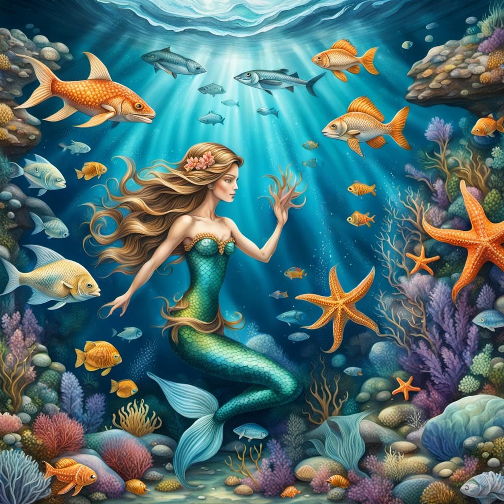 Underwater Mermaid with Fish and Starfish