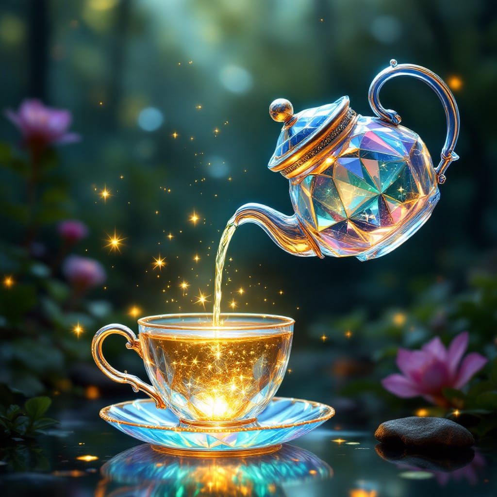An enchanted teapot, pouring sparkling magic vibes {FLUX: De...
