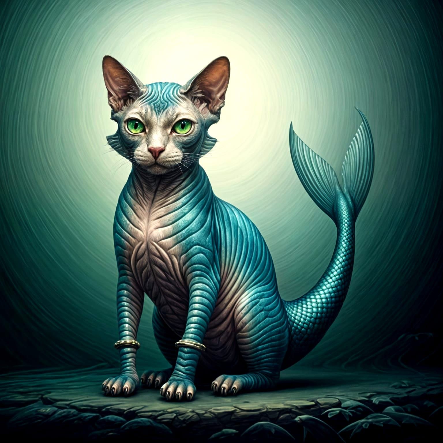 Whimsical Sphinx Cat Fish Hybrid in Metallic Blue-Green Scal...