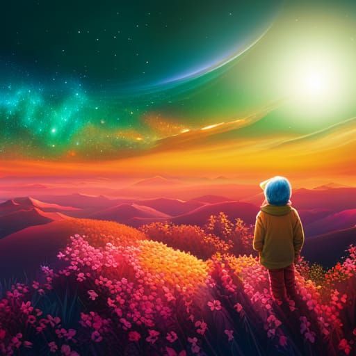 toddler overlooking starry cosmic milky way galaxy sky, green planet in background, colorful sparkling ...  by @Carrie