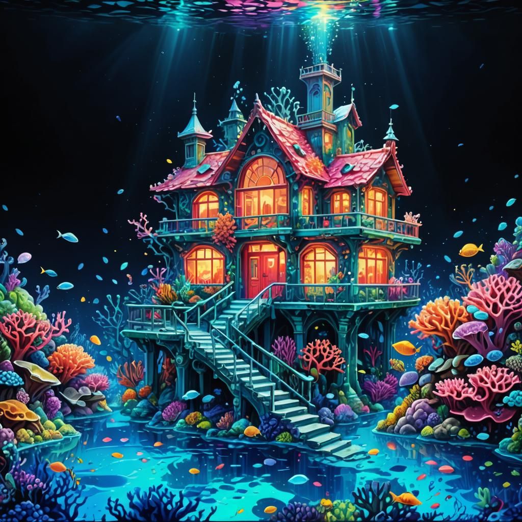 Underwater house with coral reef garden