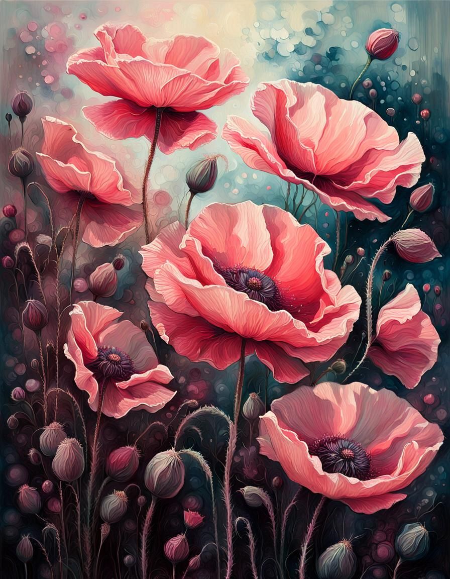 Botanic pink poppies flowers