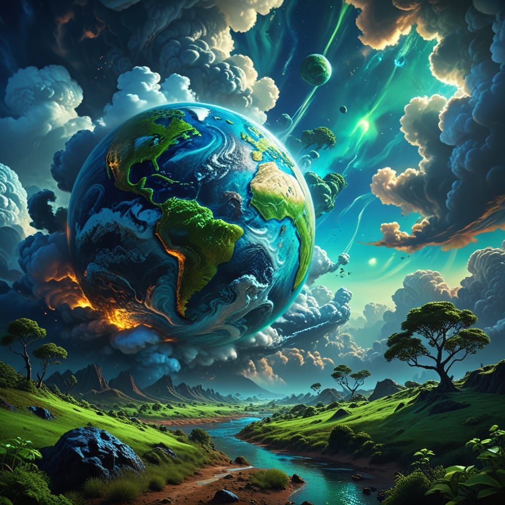Earth is a demon. The planet Earth a demon. The earth is green and blue with some brown.