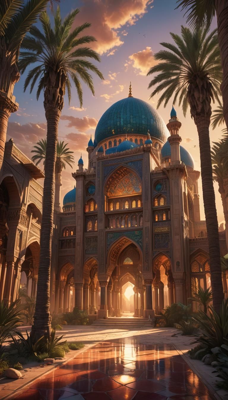 Ornate Mosque in Mystical Desert Oasis at Sunset